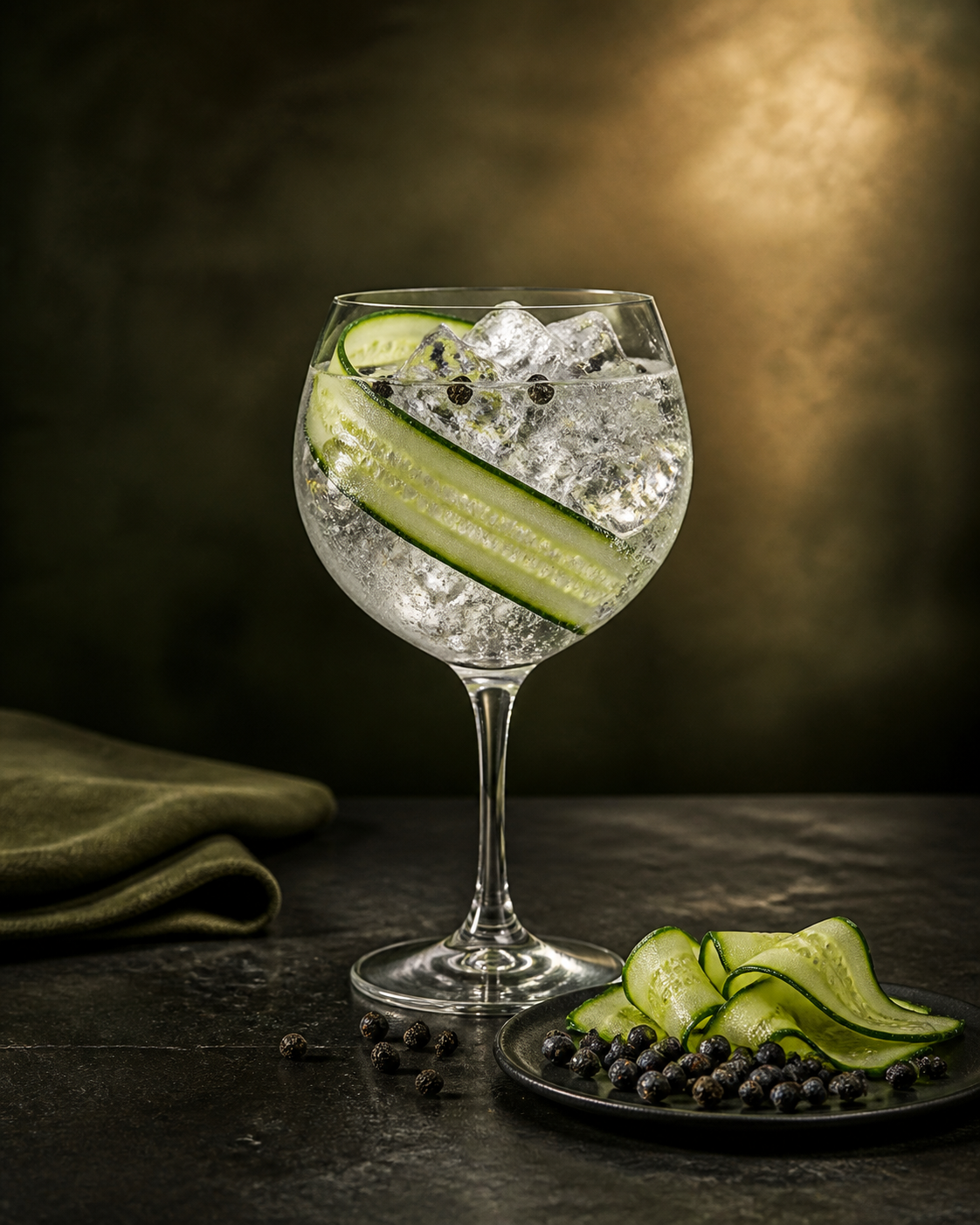 Black Fox Cucumber Gin servi avec Fever-Tree Mediterranean Tonic Water, agrémenté de Cucumber ribbon et Black pepper