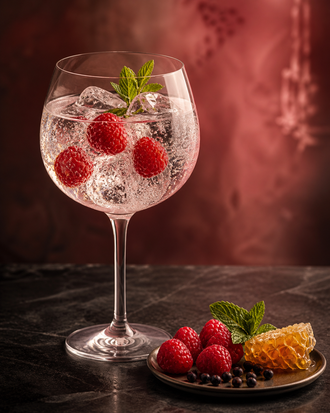 Black Fox Raspberry Gin servi avec Fever-Tree Indian Tonic Water, agrémenté de Fresh raspberries et Mint tip