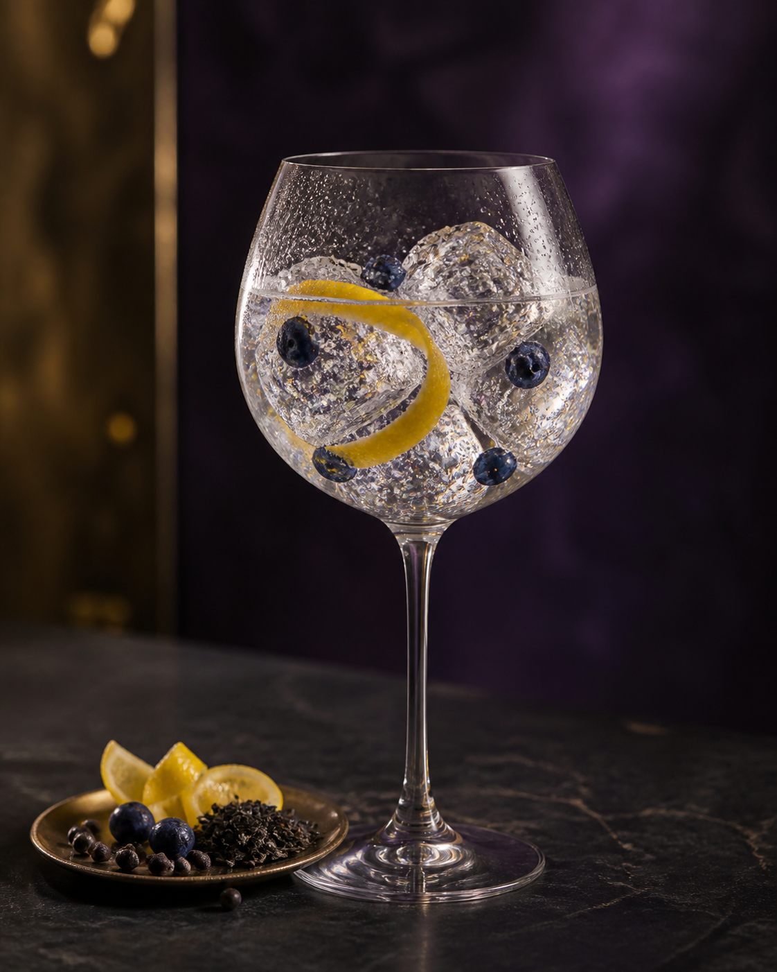 Black Fox Haskap Gin served with Fever-Tree Indian Tonic Water, garnished with Lemon peel and Haskap berries