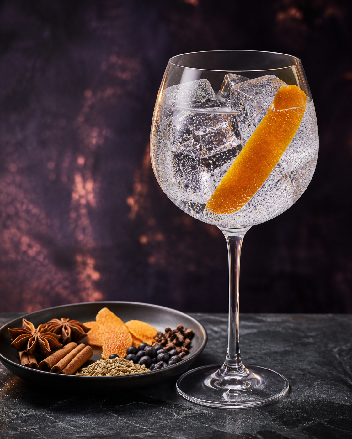 NG Distillery Spiced Gin served with Fever-Tree Indian Tonic Water, garnished with Orange peel and Star anise