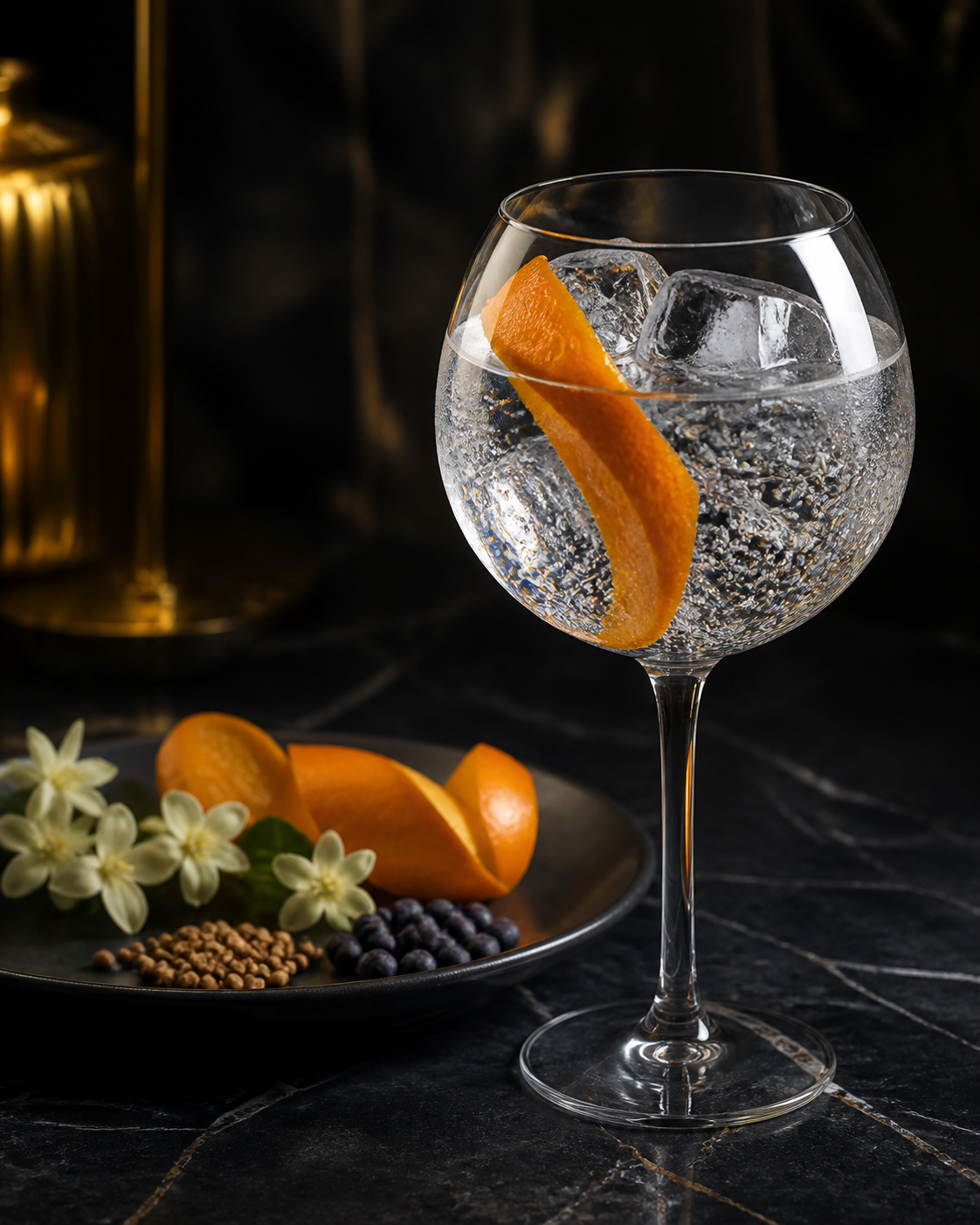 STILL GIN served with Fever-Tree Indian Tonic Water, garnished with Tangerine peel and Jasmine flower