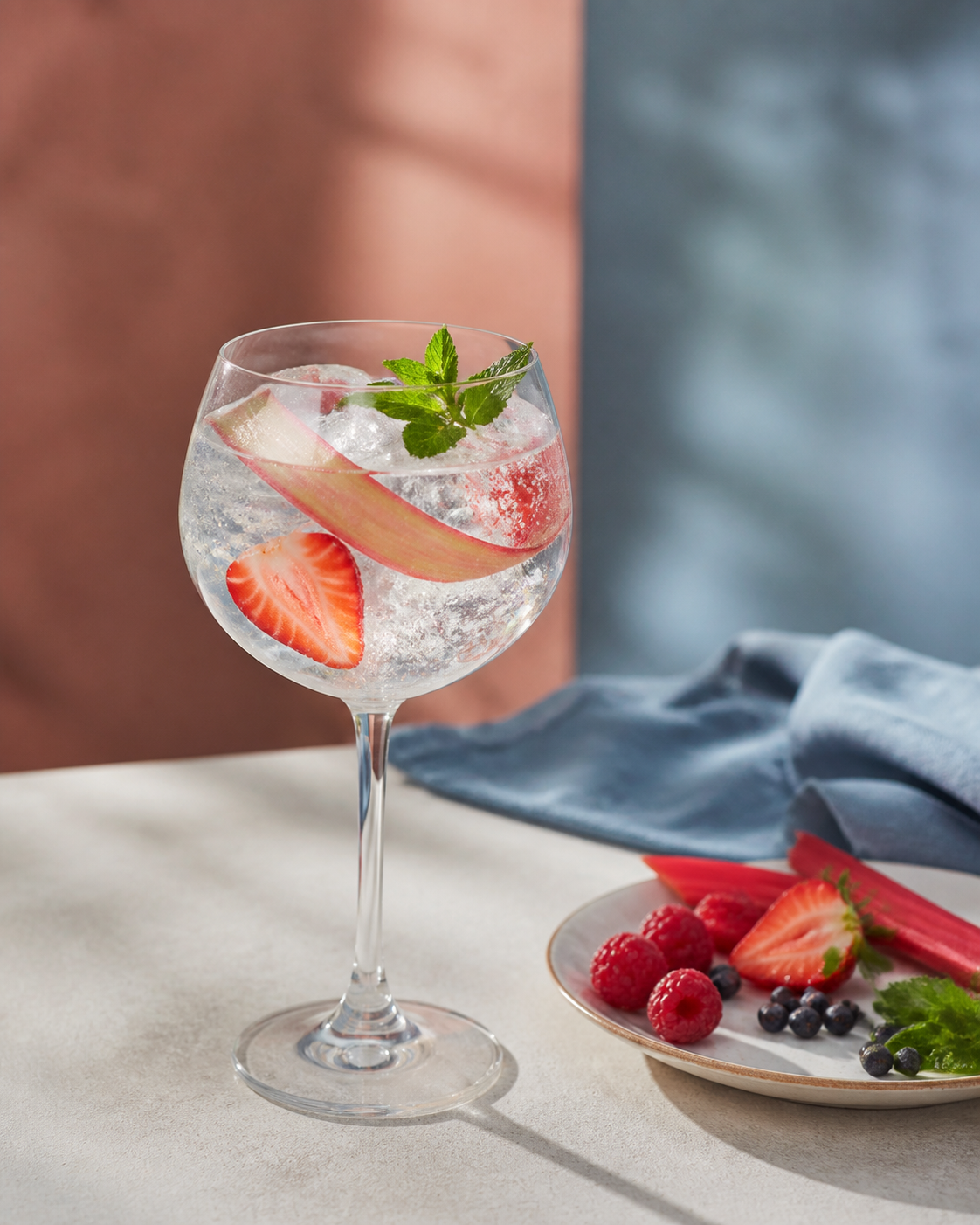 Summer in St Andrews Gin served with Fever-Tree Indian Tonic Water, garnished with Fresh strawberry and Rhubarb ribbon
