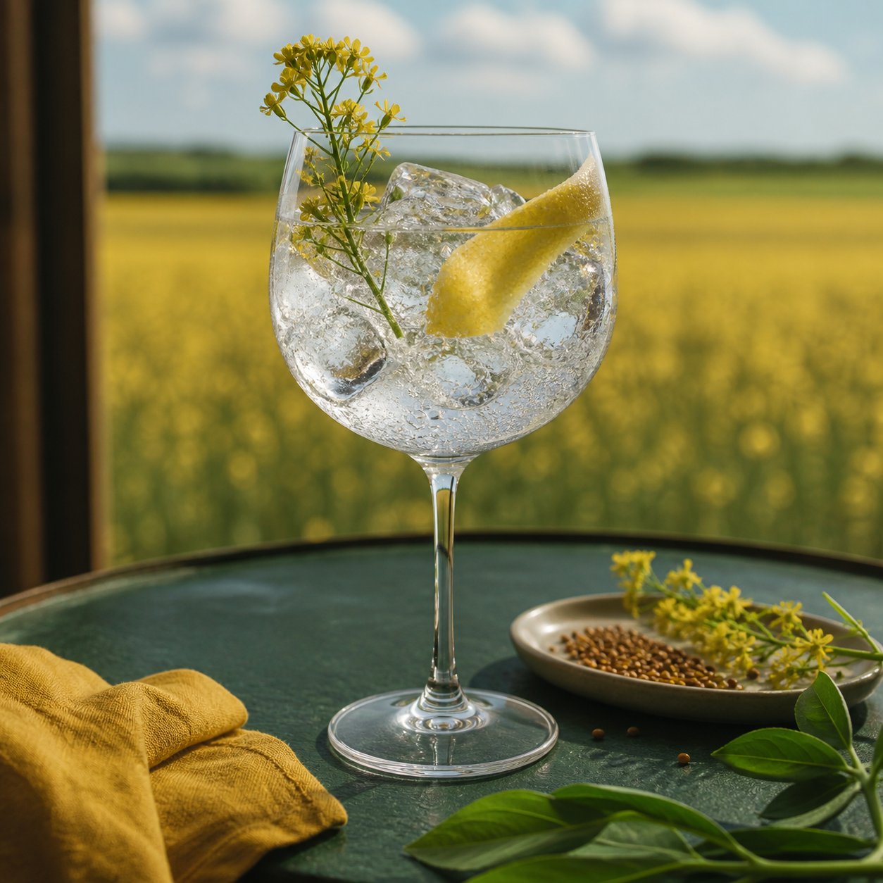 Black Fox Mustard Gin served with Fever-Tree Indian Tonic Water, garnished with Saskatchewan mustard seeds
