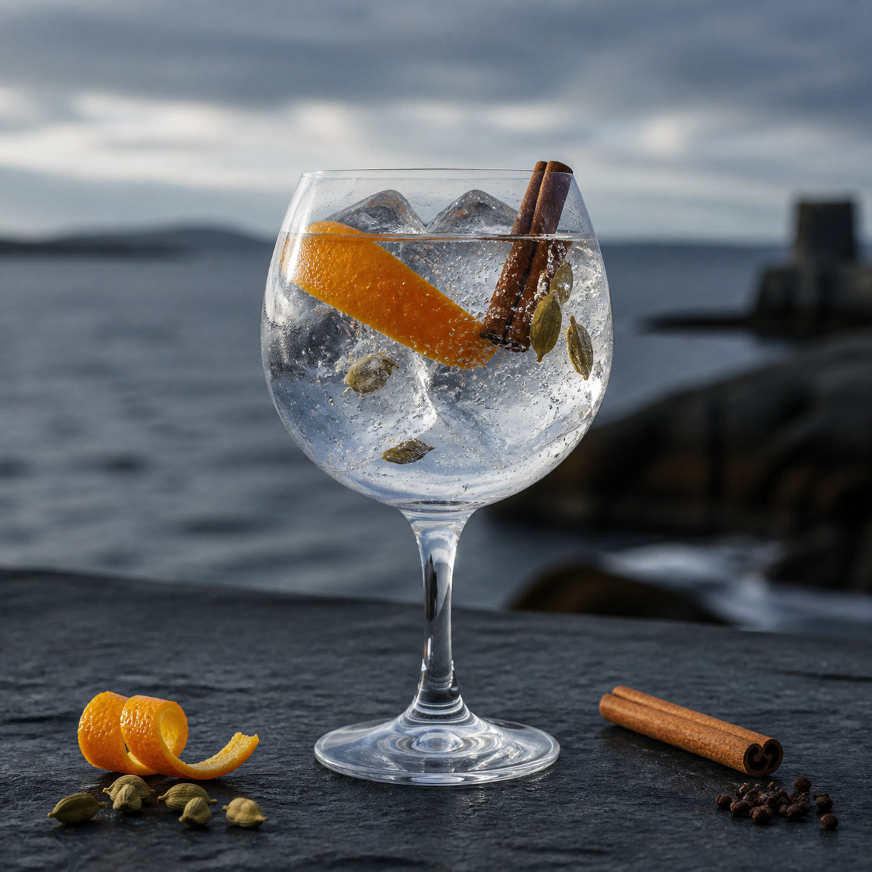 Sule Skerry Gin served with Fever-Tree Indian Tonic Water, garnished with Orange zest