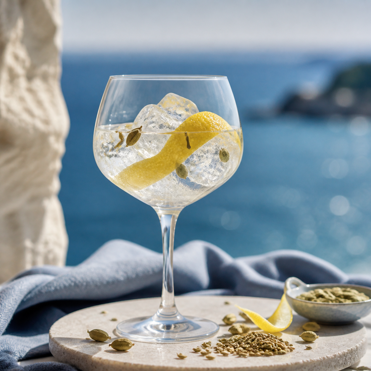 Oyster Fine de Claire Adriatic Gin served with Fever-Tree Indian Tonic Water, garnished with Coriander seed