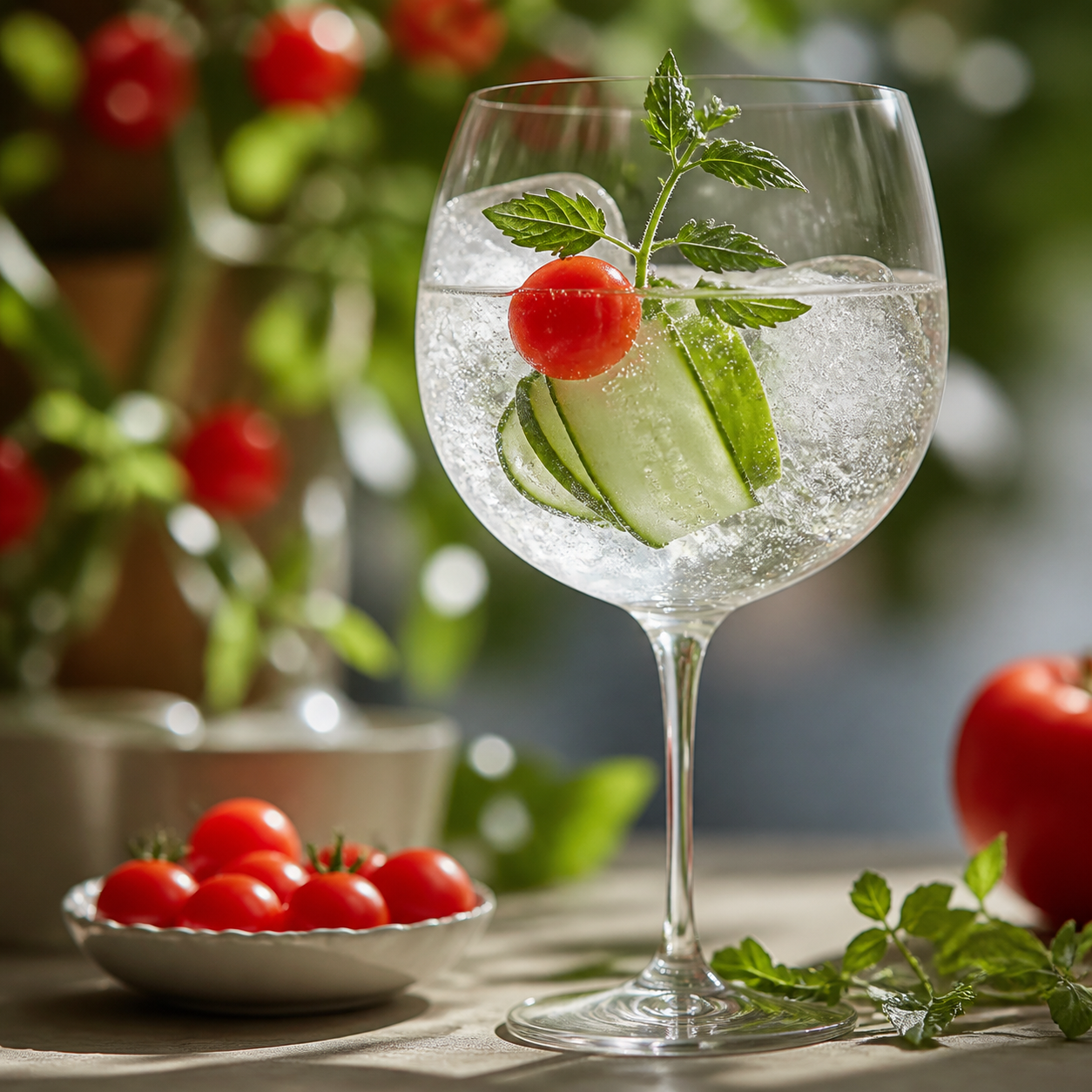 Covalle Tomato-Water Gin served with Fever-Tree Indian Tonic Water, garnished with Tomato leaves and stems