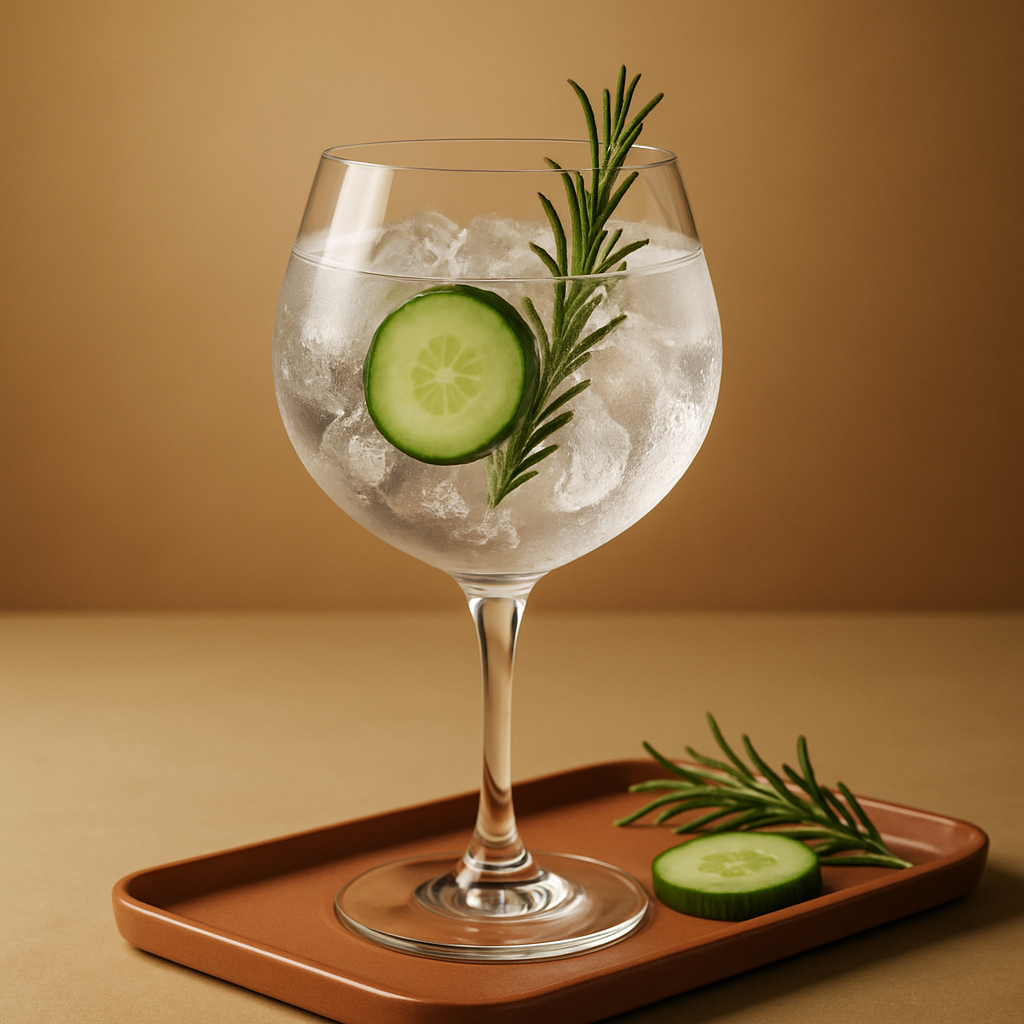 Hendrick's Sunspell served with Thomas Henry Tonic Water, garnished with Cucumber slice and Rosemary sprig