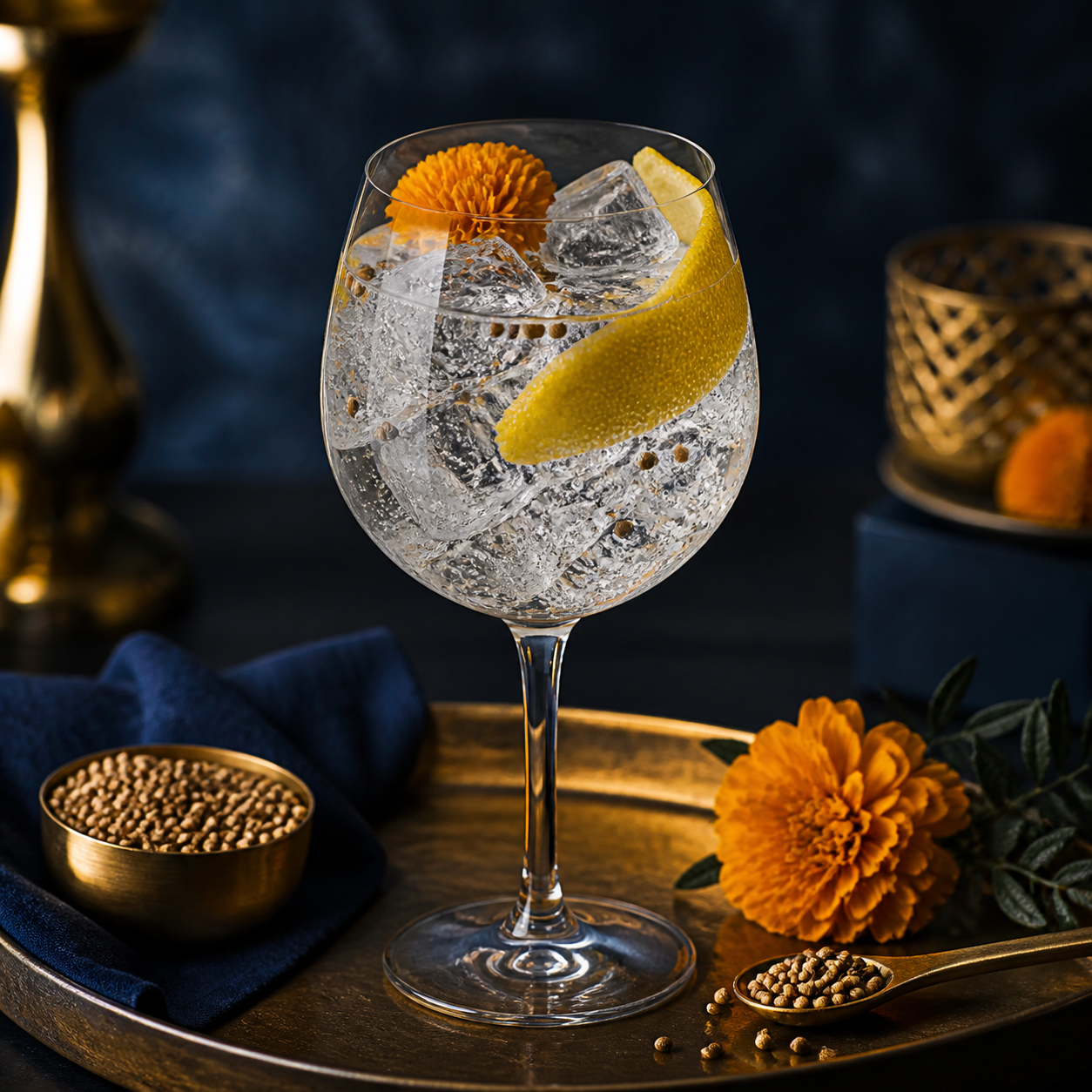 Earl Giles London Dry Gin served with Fever-Tree Indian Tonic Water, garnished with Coriander seed