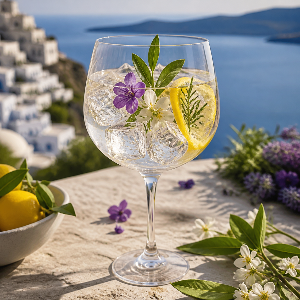 Grace Gin Amethyst served with Fever-Tree Indian Tonic Water, garnished with Lemon verbena