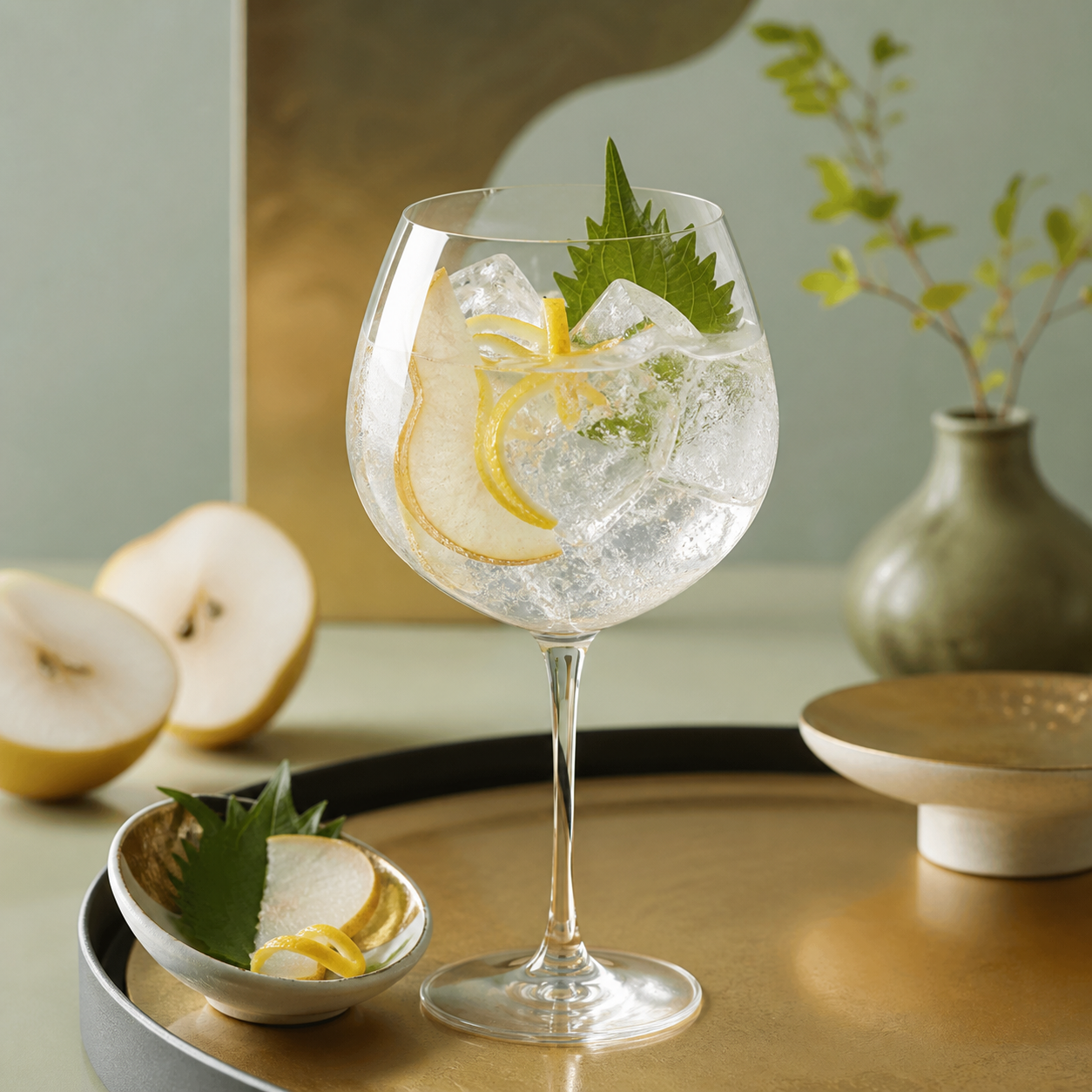 Ukiyo Japanese Nashi Pear Gin served with Fever-Tree Indian Tonic Water, garnished with Nashi pear