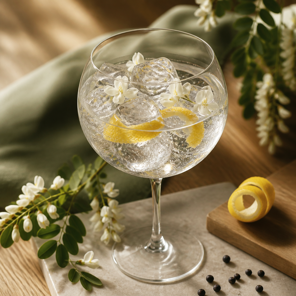 G de Gin Acacia served with Fever-Tree Indian Tonic Water, garnished with Lemon twist and White edible flowers