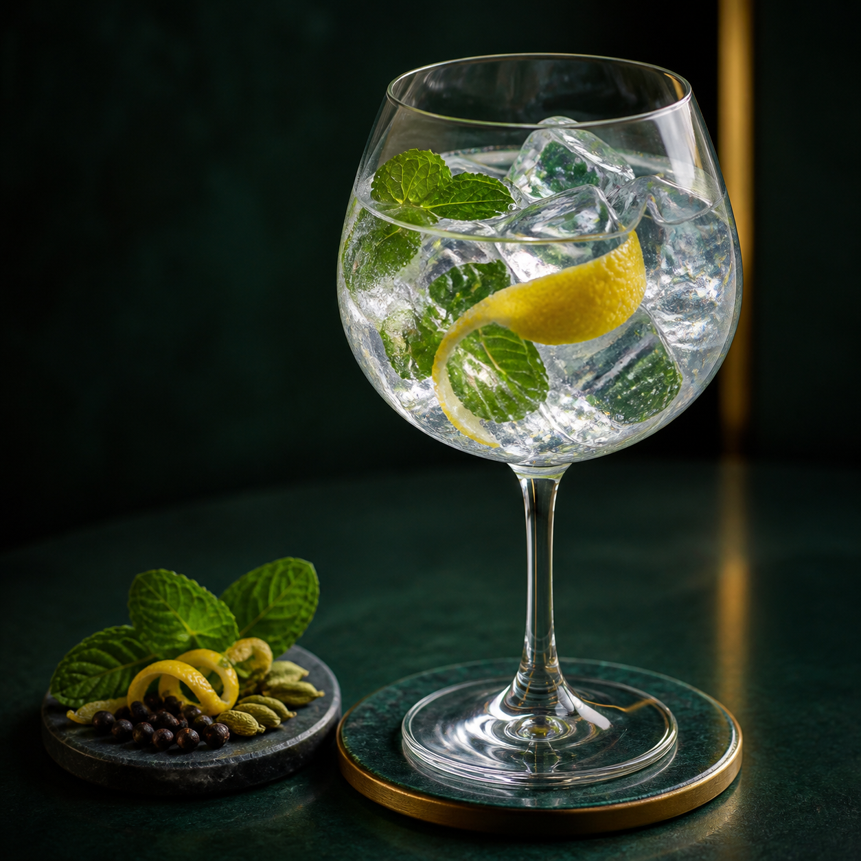 Birdie Crispa Gin served with Fever-Tree Indian Tonic Water, garnished with Lemon twist and Mint