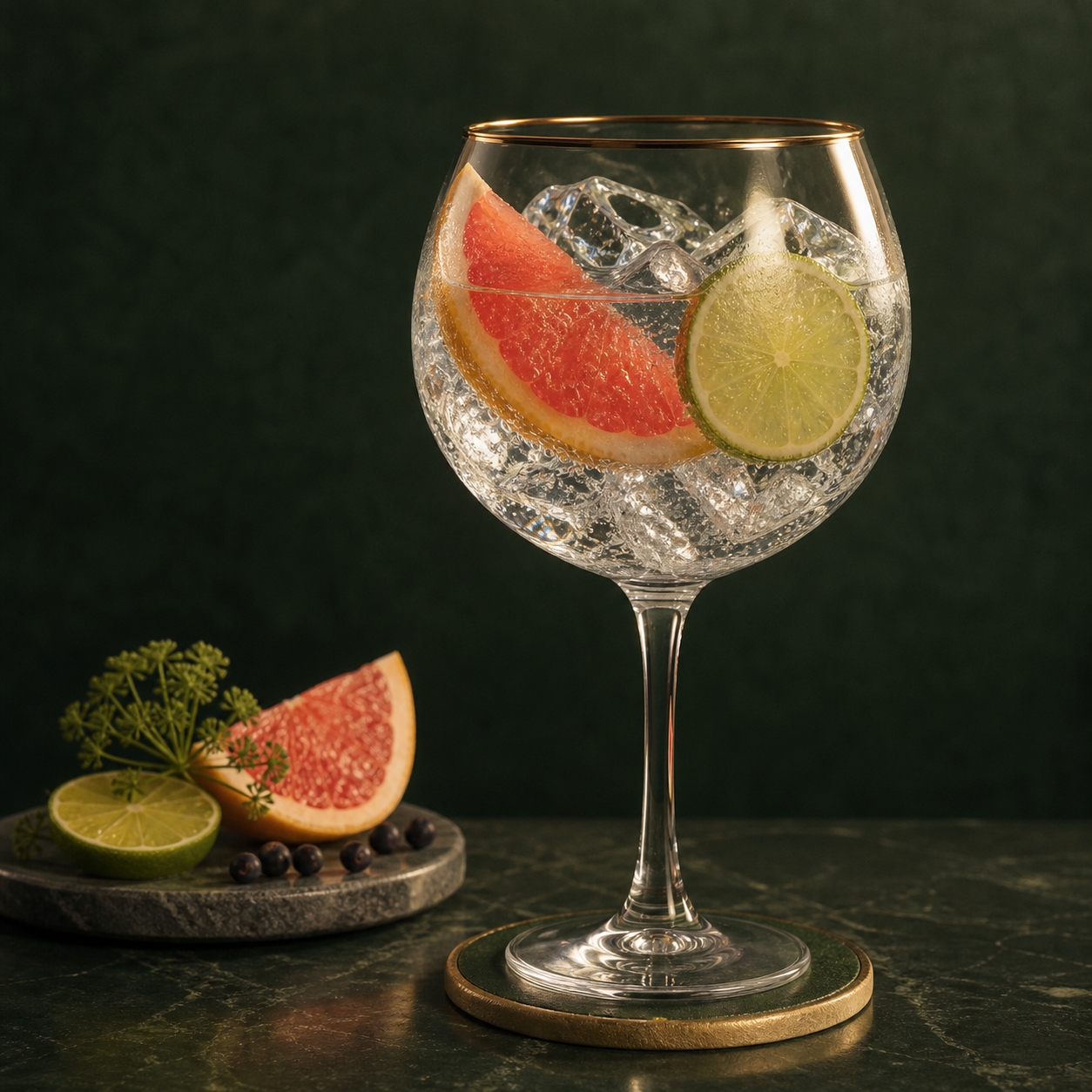 Angelicus Gin served with Fever-Tree Mediterranean Tonic Water, garnished with Grapefruit wedge and Lime wheel