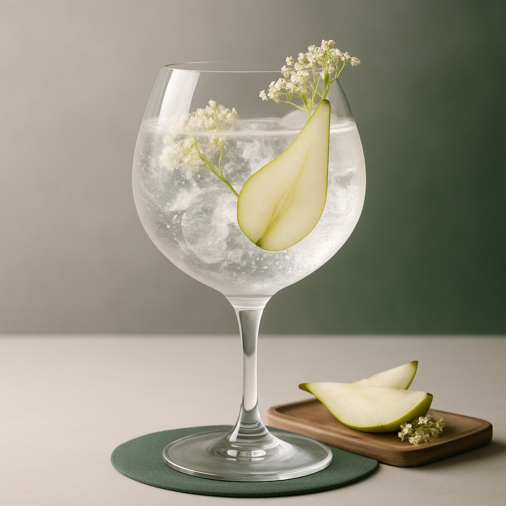 Le Gin Pira servi avec Thomas Henry Elderflower Tonic Water, agrémenté de Fresh pear slice et Elderflower sprig