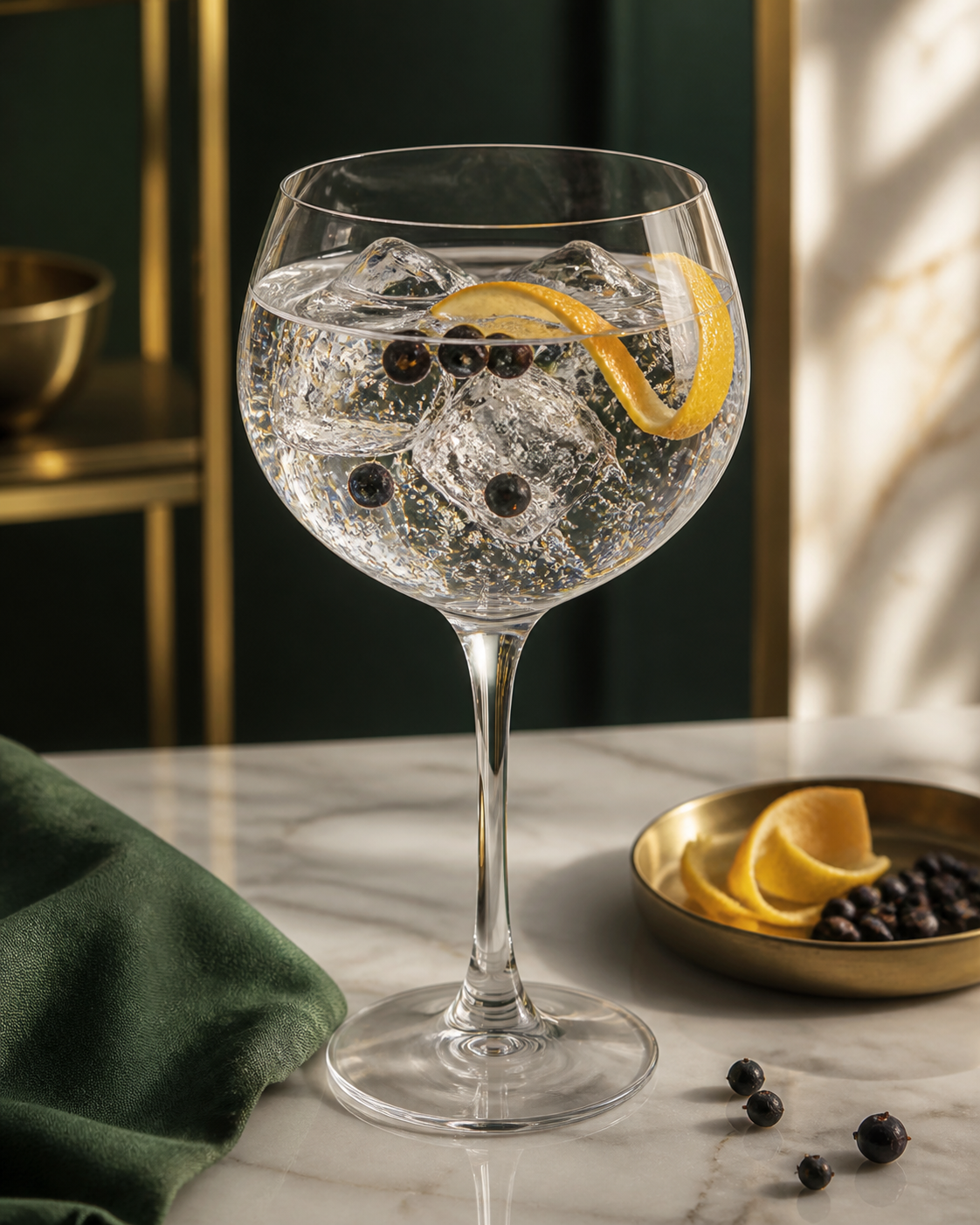 Wouts Gin served with Fever-Tree Indian Tonic Water, garnished with Lemon twist and Juniper berries