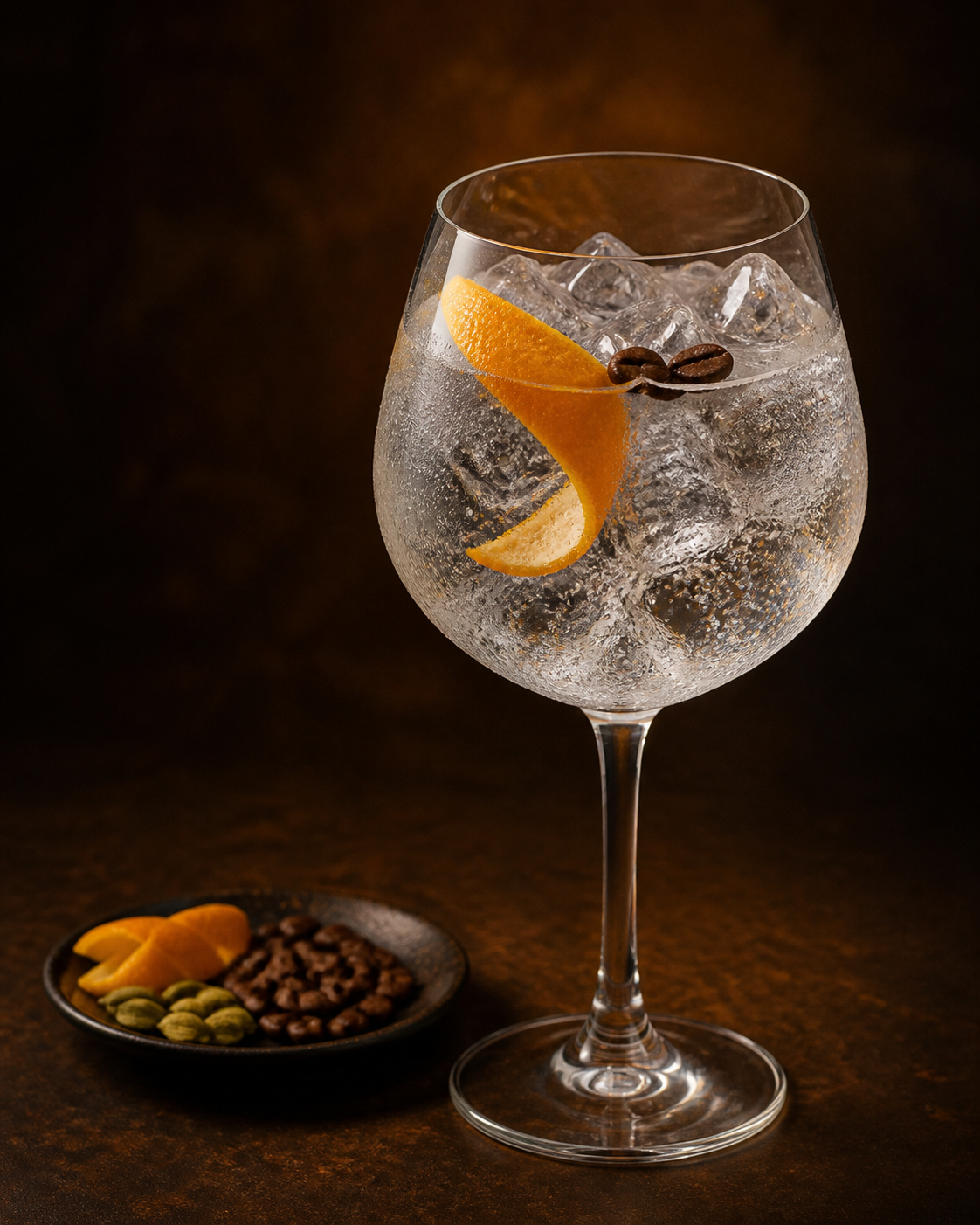 Roasters Gin Roasted Coffee served with Fever-Tree Mediterranean Tonic Water, garnished with Orange twist and Cardamom pods