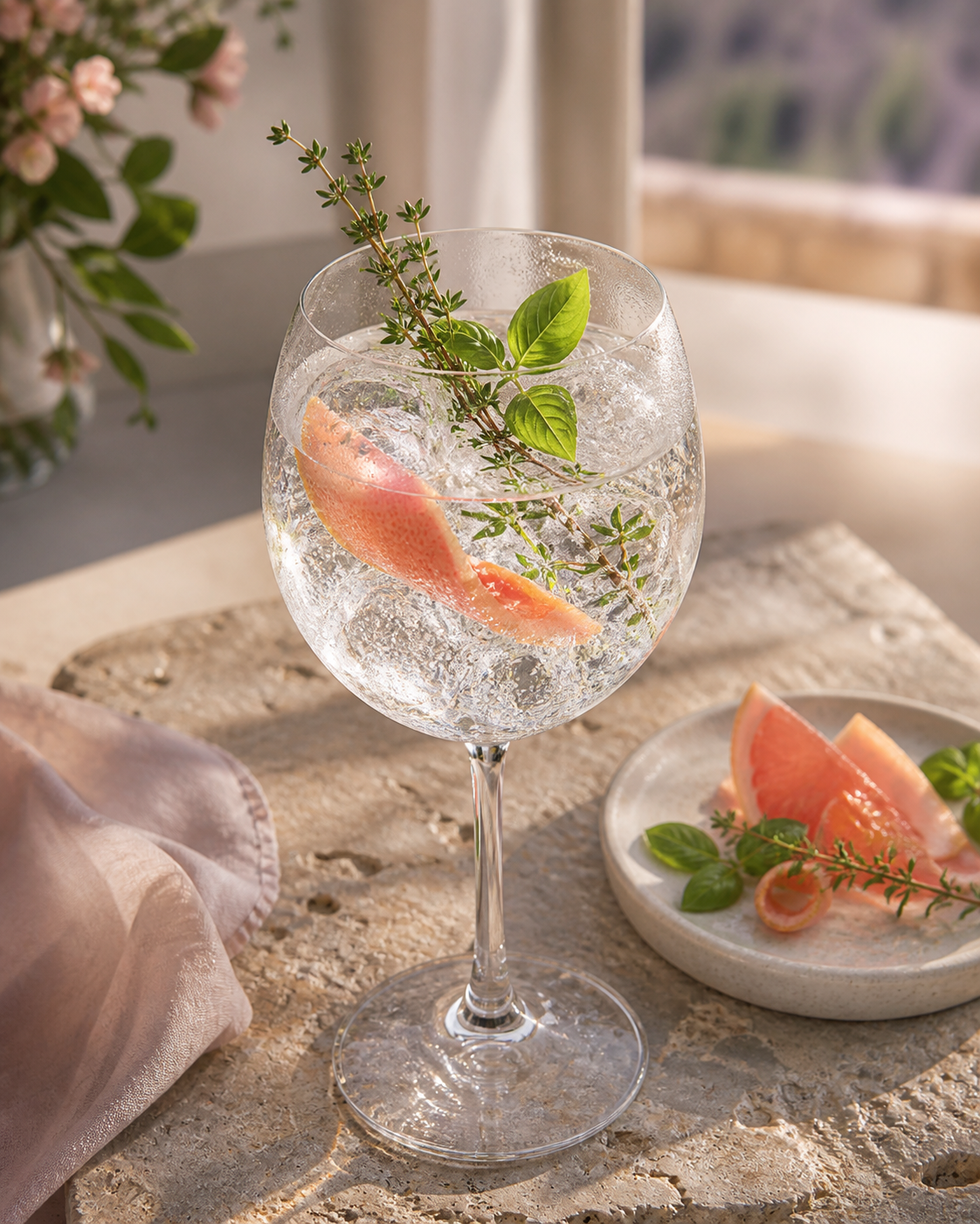 Mistral Rose Dry Gin served with Fever-Tree Indian Tonic Water, garnished with Grapefruit slice and Basil leaf