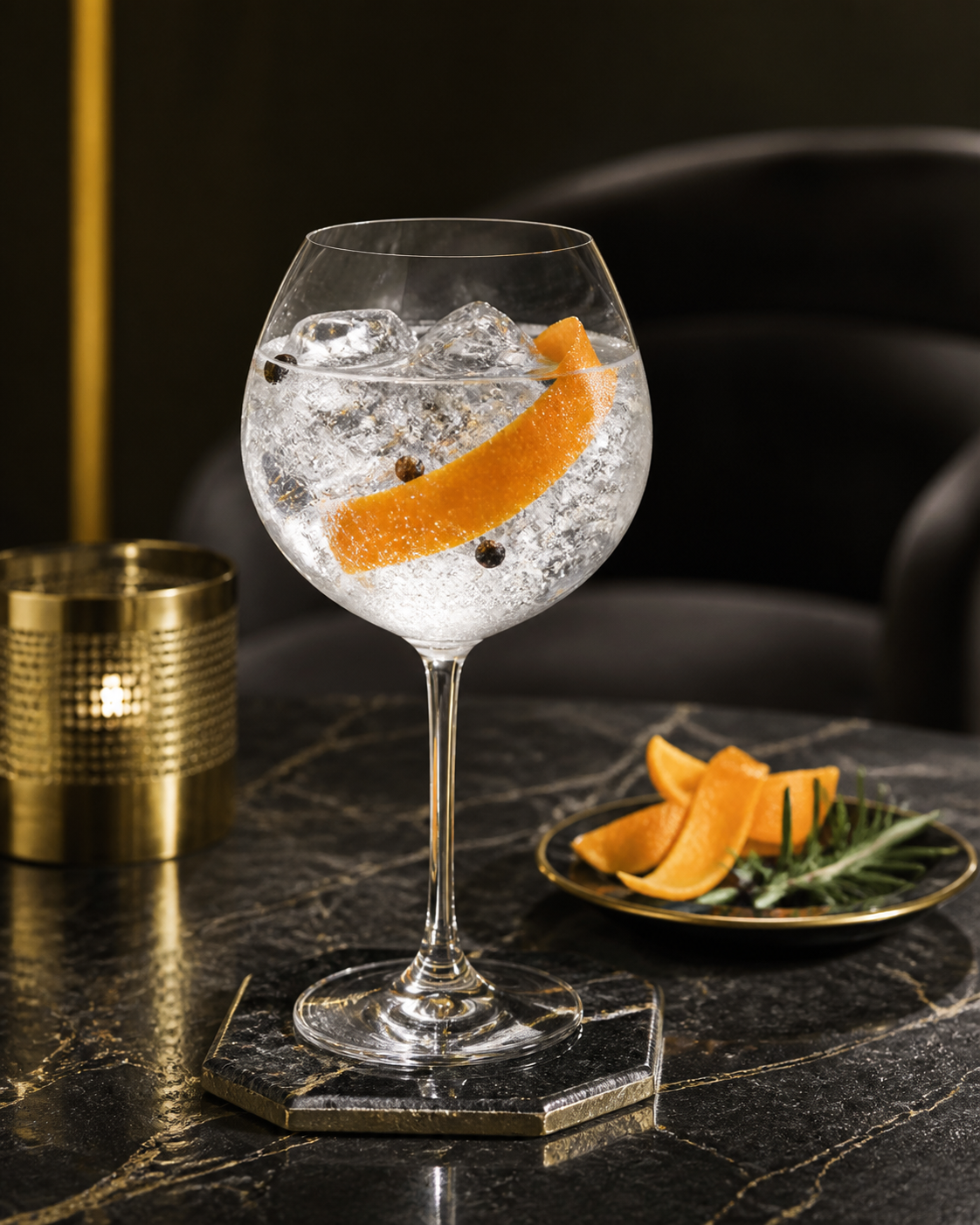 Mille Gin Belgian Dry Gin served with Fever-Tree Indian Tonic Water, garnished with Orange twist and Lime wheel
