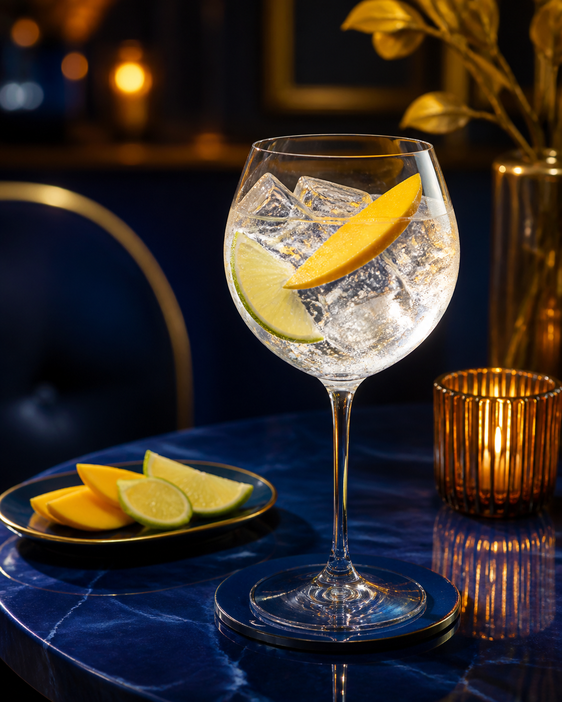 Lord of Barbes Gin servi avec Fever-Tree Indian Tonic Water, agrémenté de Dried mango et Ginger slice
