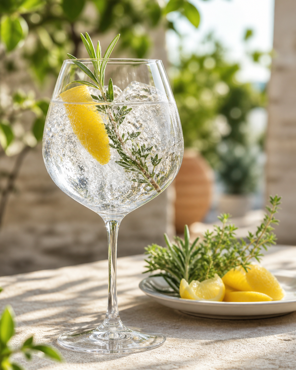 Lone Primavera Dry Gin served with Fever-Tree Mediterranean Tonic Water, garnished with Lemon twist and Rosemary sprig