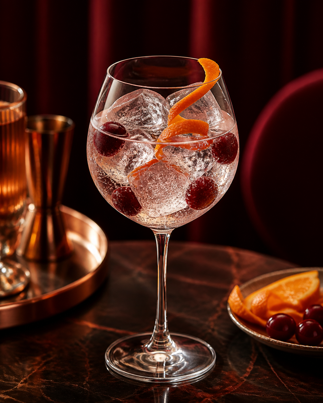 Lindemans Premium Distilled Gin Red served with Fever-Tree Indian Tonic Water, garnished with Cherry and Orange twist