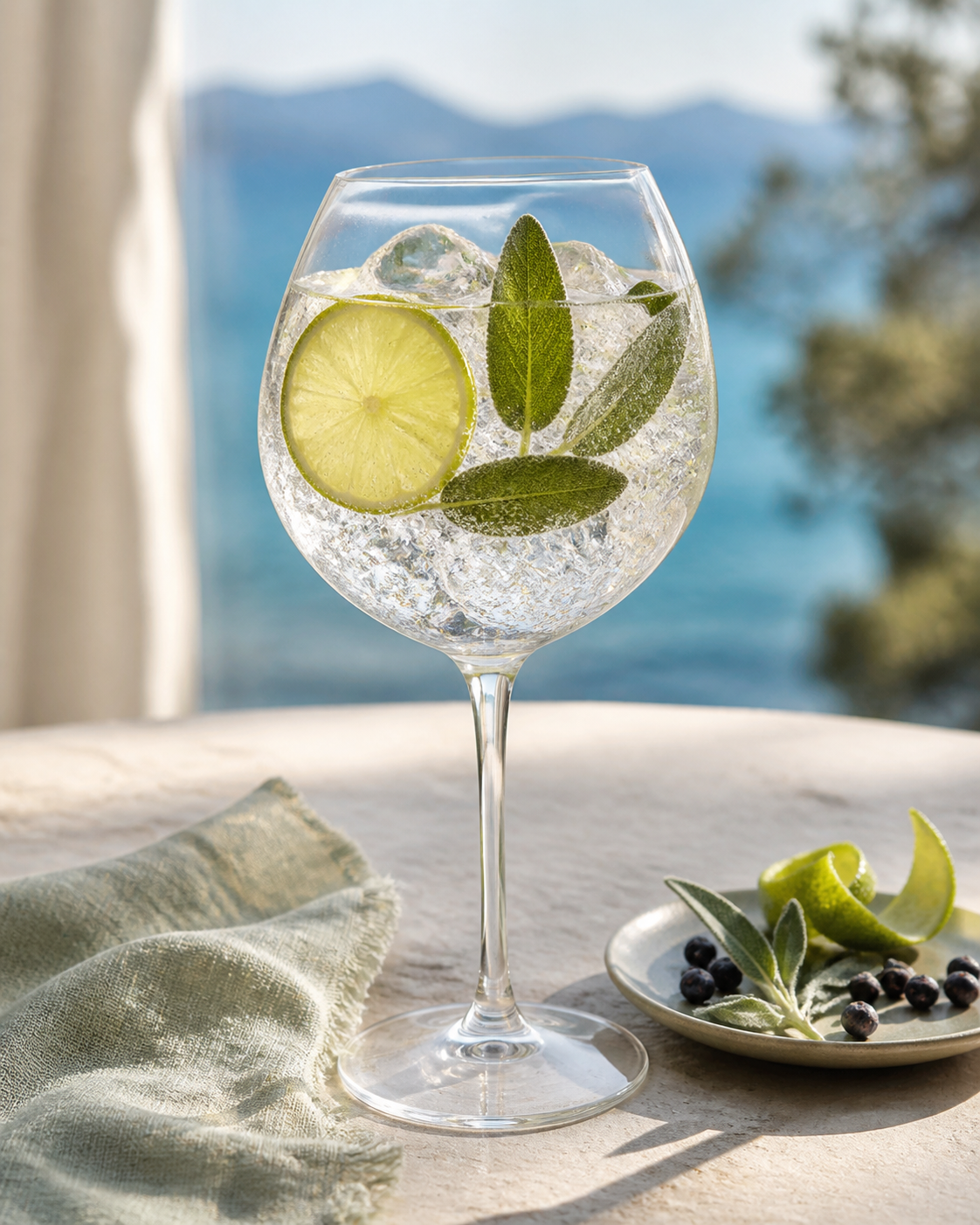 Erbe Gin Lime & Sage served with Fever-Tree Indian Tonic Water, garnished with Lime wheel and Sage leaf