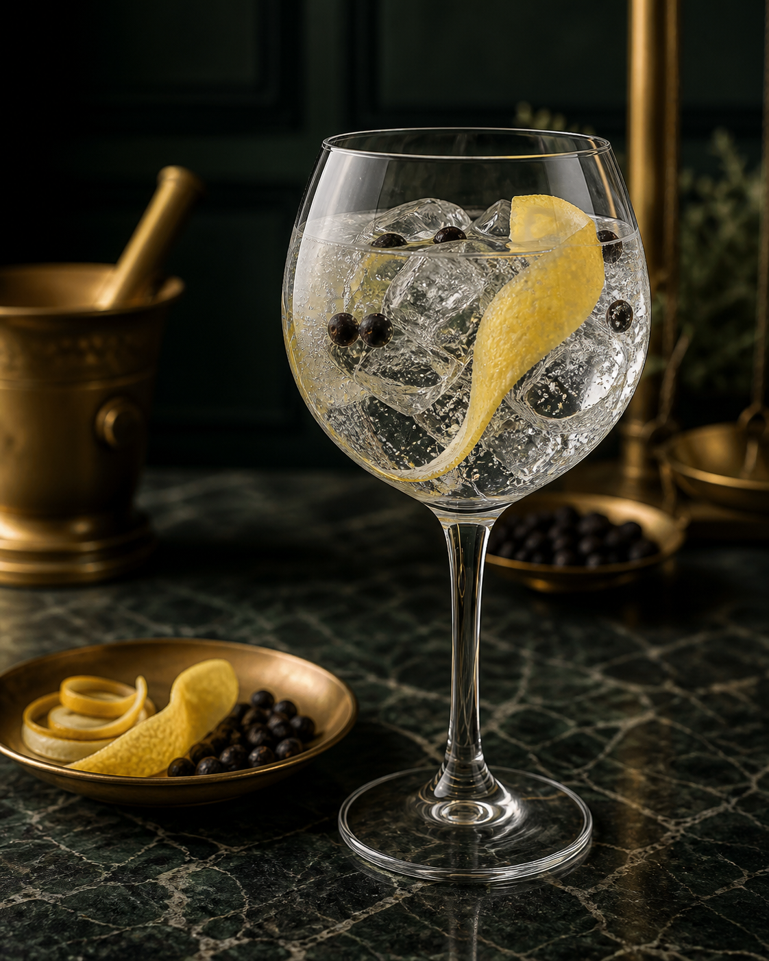 Crampe Gin History in a Bottle served with Fever-Tree Indian Tonic Water, garnished with Lemon twist and Lavender sprig