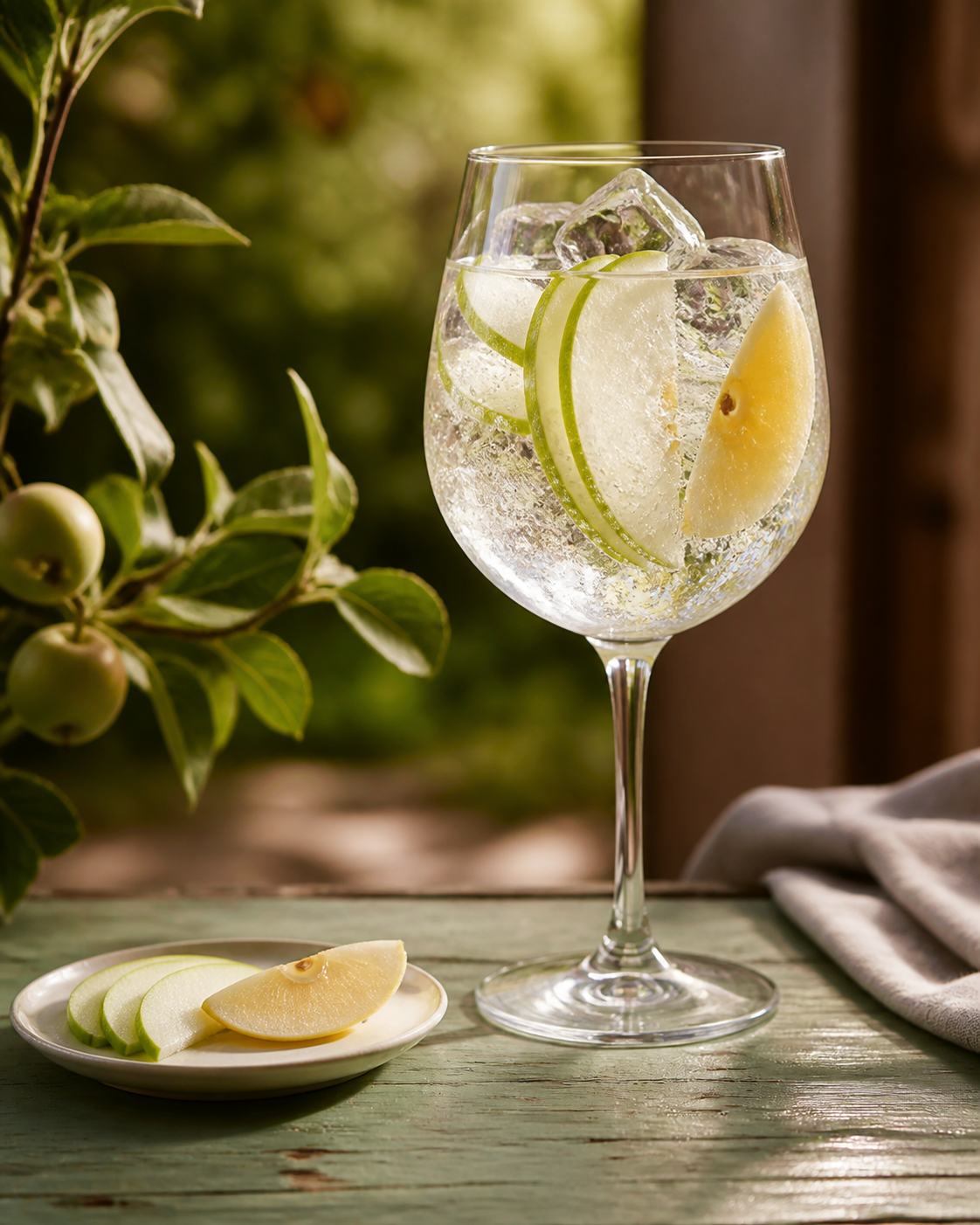 Busnel Gin served with Fever-Tree Indian Tonic Water, garnished with Apple slice and Lemon twist