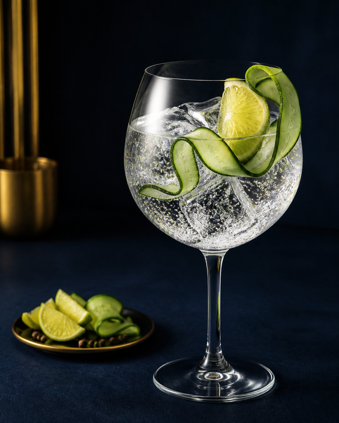 Brussels Dry Gin Belgian Rules served with Fever-Tree Indian Tonic Water, garnished with Lemon twist and Black pepper