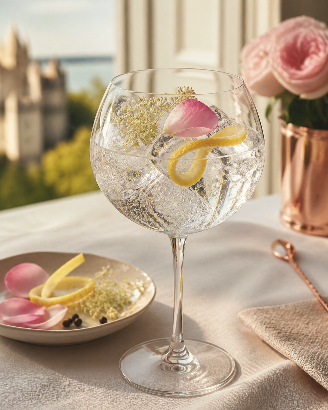 Gin Meridor served with Fever-Tree Indian Tonic Water, garnished with Lemon twist and Rose petal