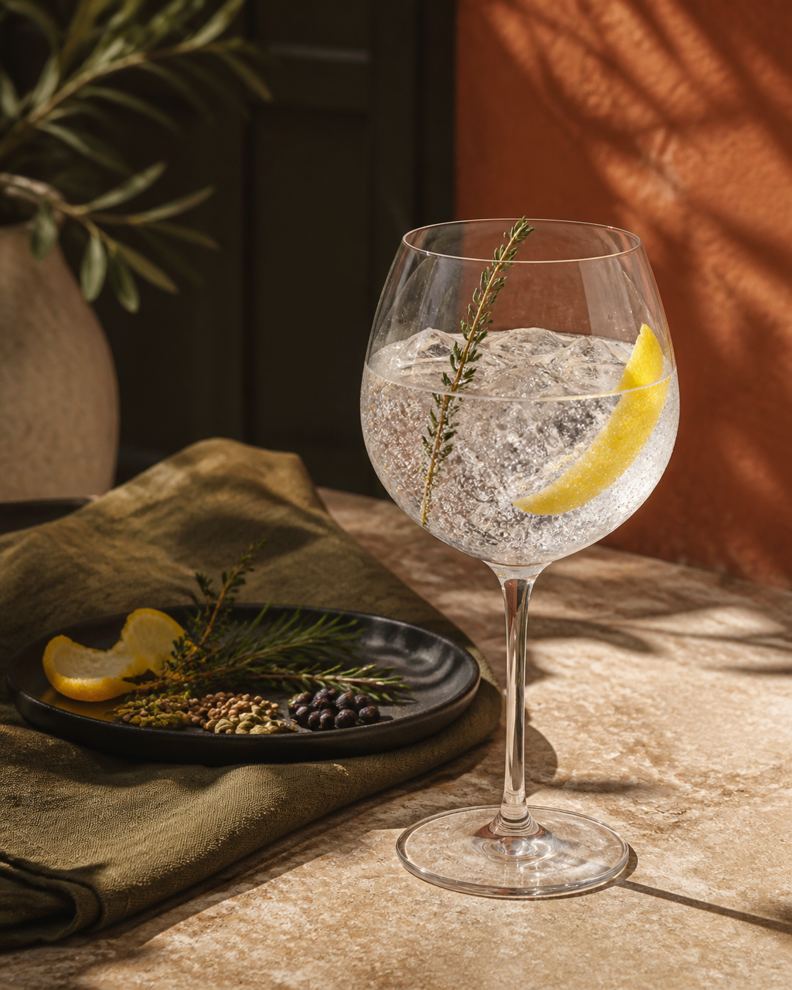 Andre Brunel Le Gin 13 served with Fever-Tree Indian Tonic Water, garnished with Lemon twist and Thyme