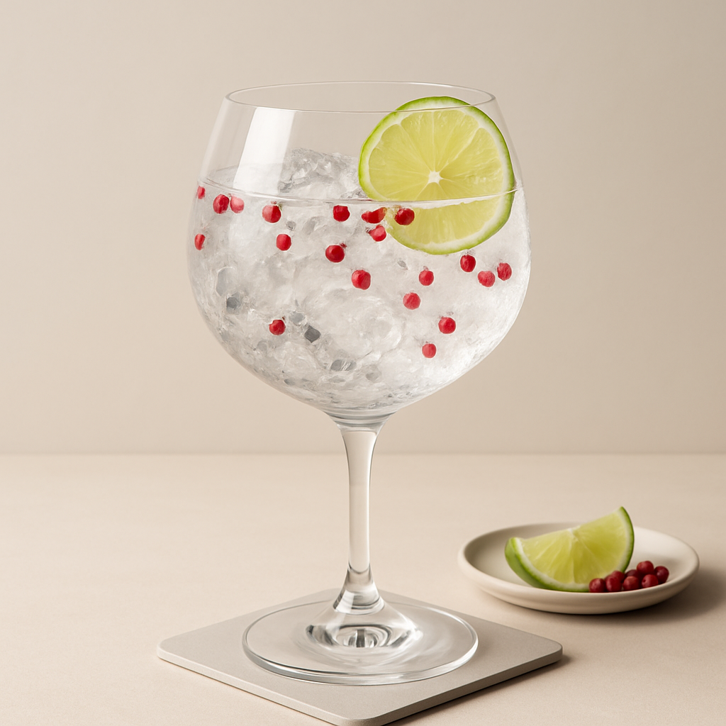 Pink Pepper Gin servi, agrémenté de Lime wheel et Whole pink peppercorns