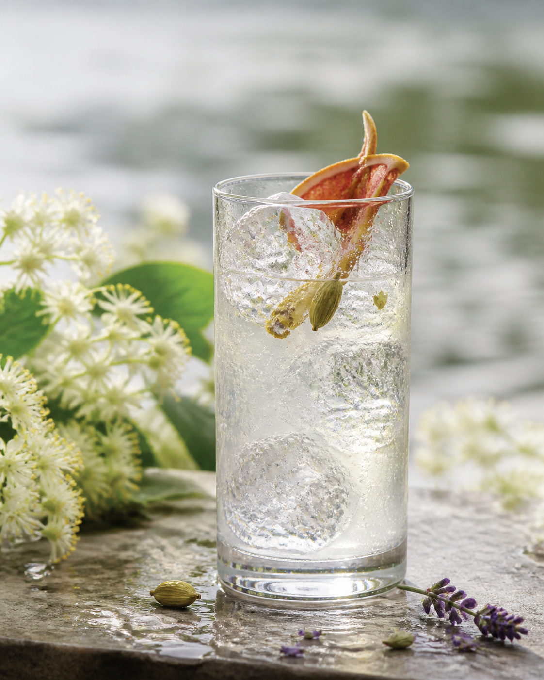 Meander Gin served with Fever-Tree Indian Tonic Water, garnished with Dried grapefruit peel and Green cardamom pod