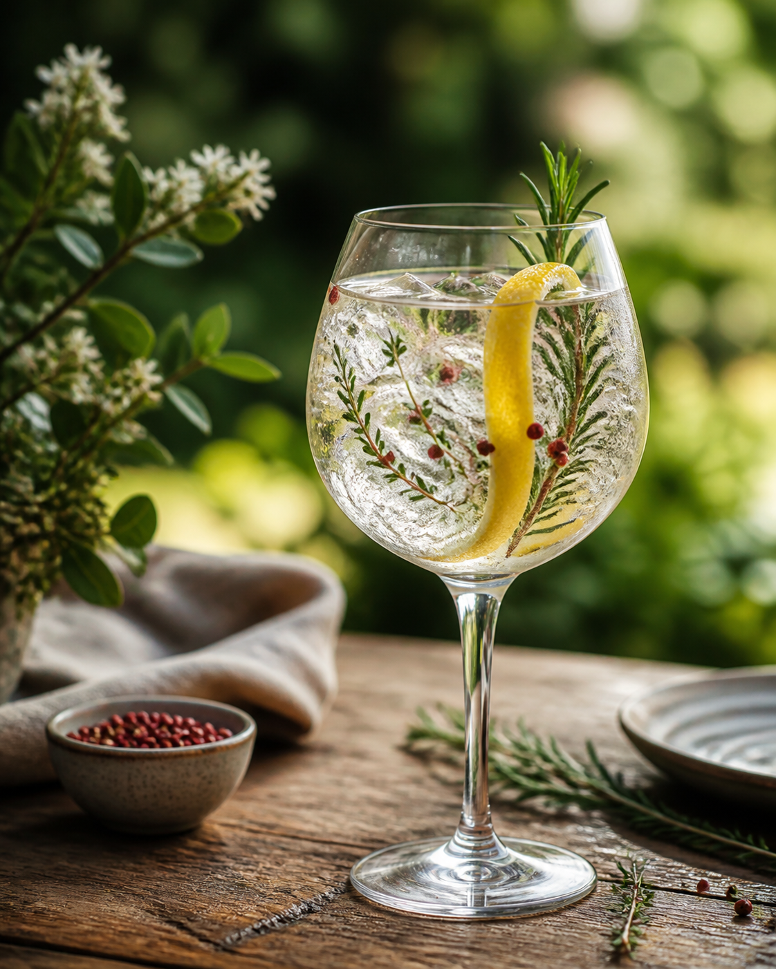 Gin de Nos Jardins served with Fever-Tree Indian Tonic Water, garnished with Lemon peel and Fresh rosemary sprig