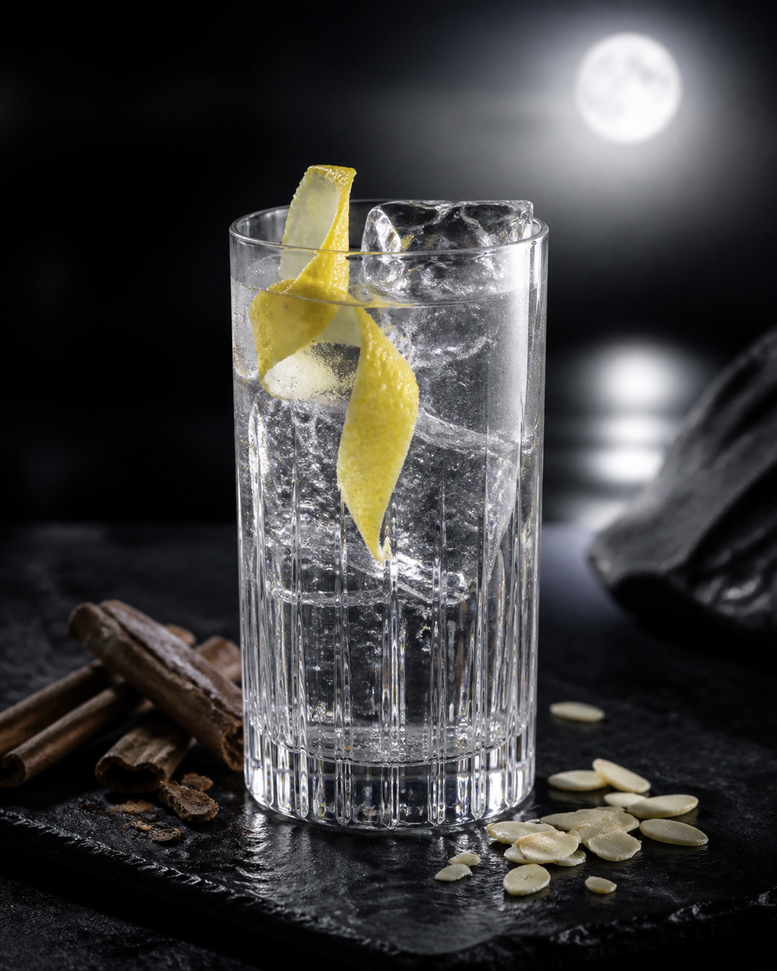 Moon Gin Classic servi avec Fever-Tree Indian Tonic Water, agrémenté de lemon peel et toasted almond