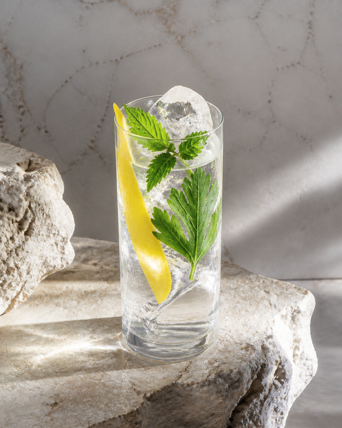 Ambiorix Gin The First Gin served with Fever-Tree Indian Tonic Water, garnished with lemon peel and lovage leaf