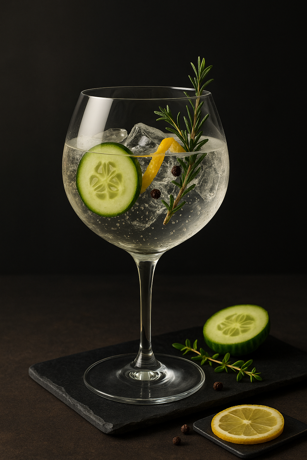 Aéquatis served with Mediterranean Tonic Water, garnished with Cucumber slice and Lemon thyme sprig