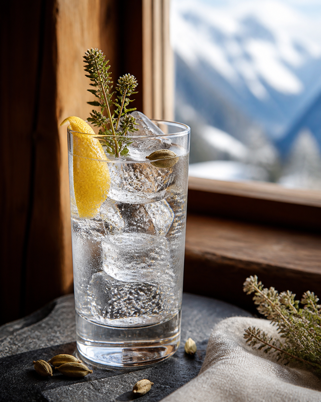Atipeak Premium Dry Gin served with Fever-Tree Indian Tonic Water, garnished with lemon peel and thyme sprig