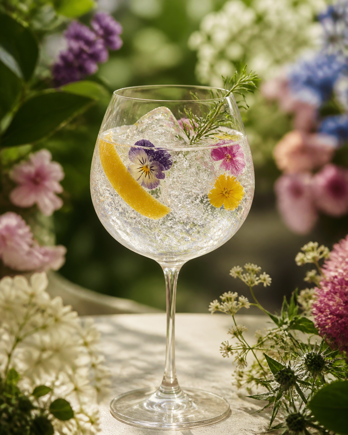 Garden Gin served with Fever-Tree Indian Tonic Water, garnished with lemon peel and edible flower