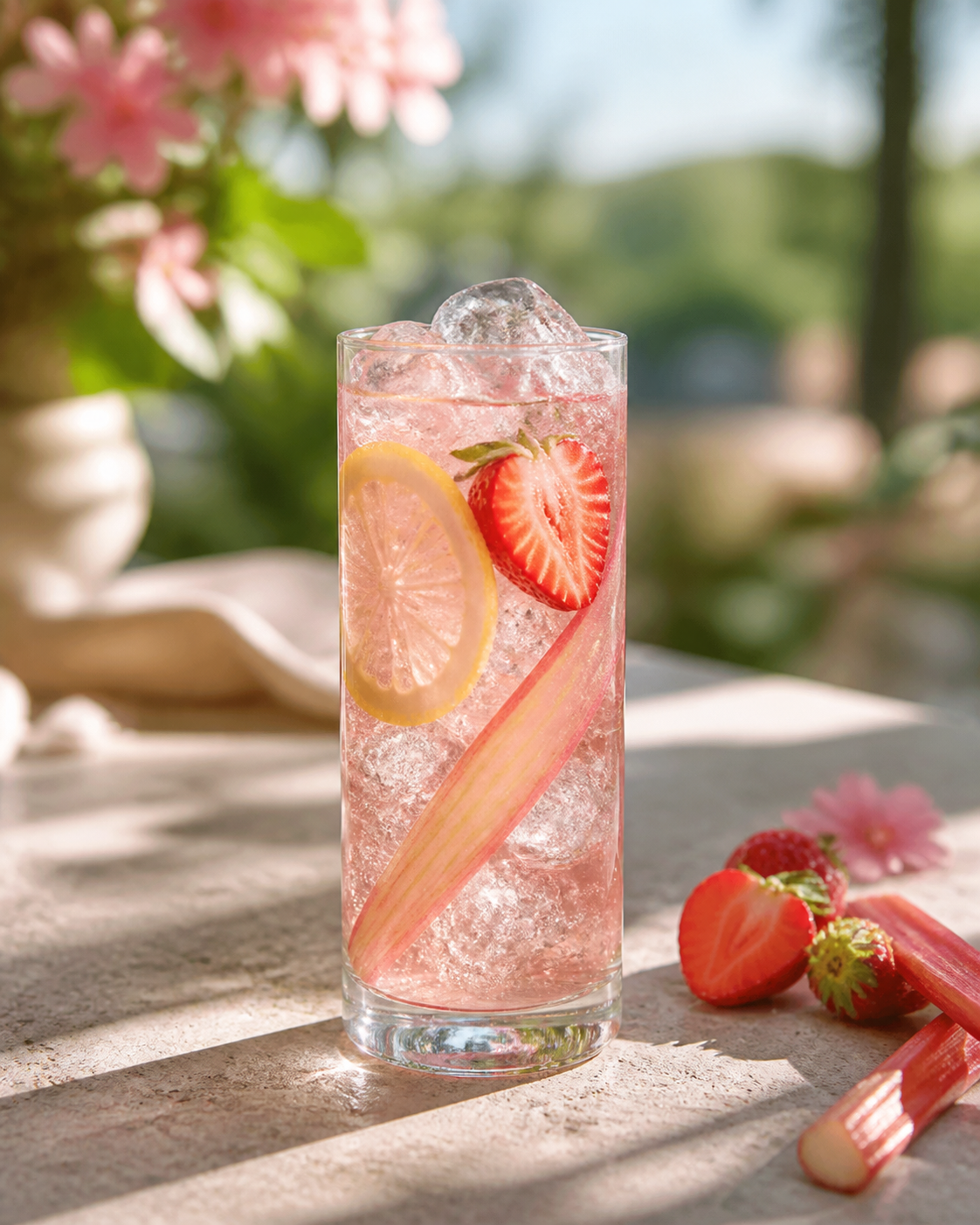 Bartavelle Strawberries & Rhubarb served with Fever-Tree Indian Tonic Water, garnished with lemon wheel