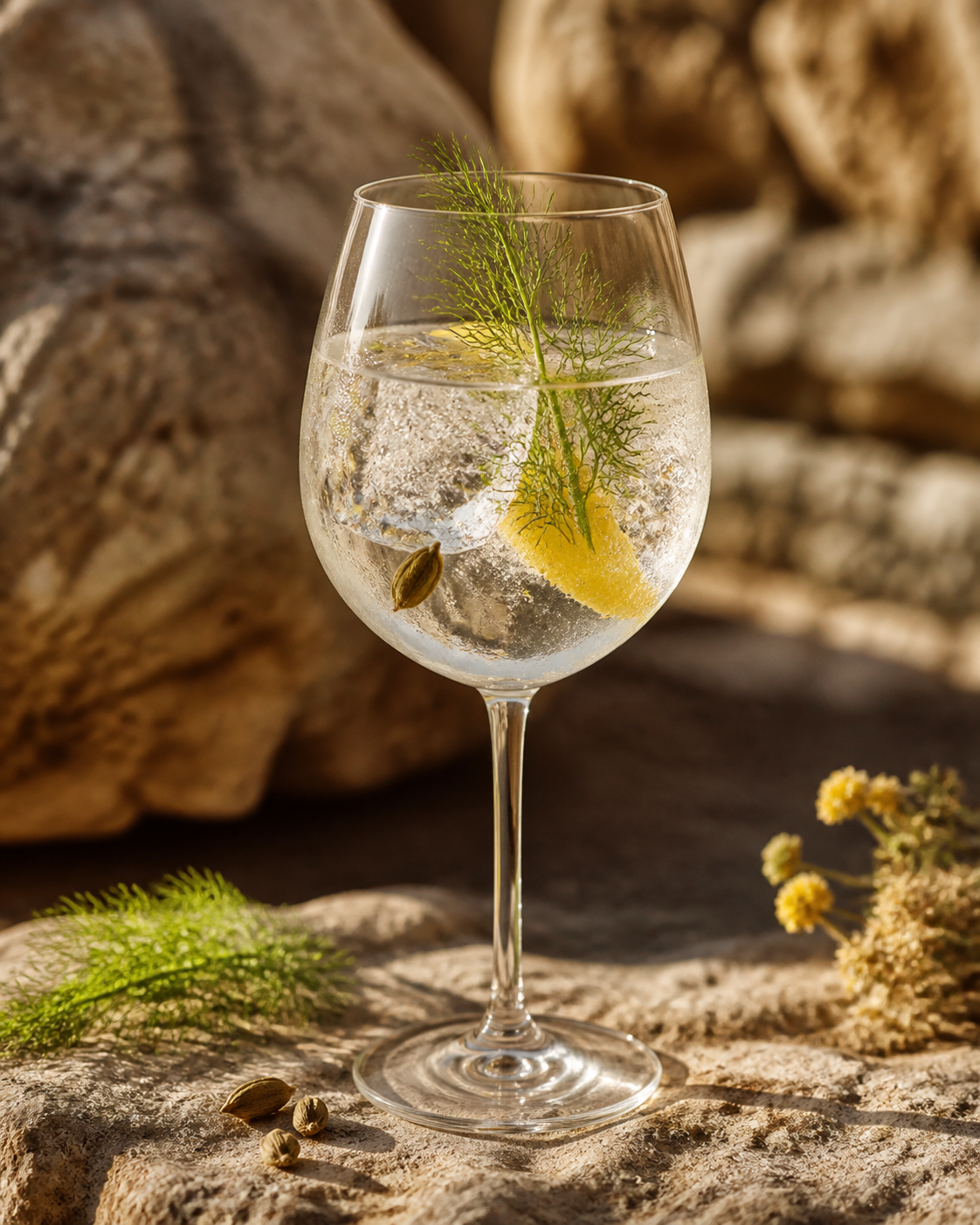 Gin Grezan Mediterranean Gin served with Fever-Tree Indian Tonic Water, garnished with lemon peel and fennel frond