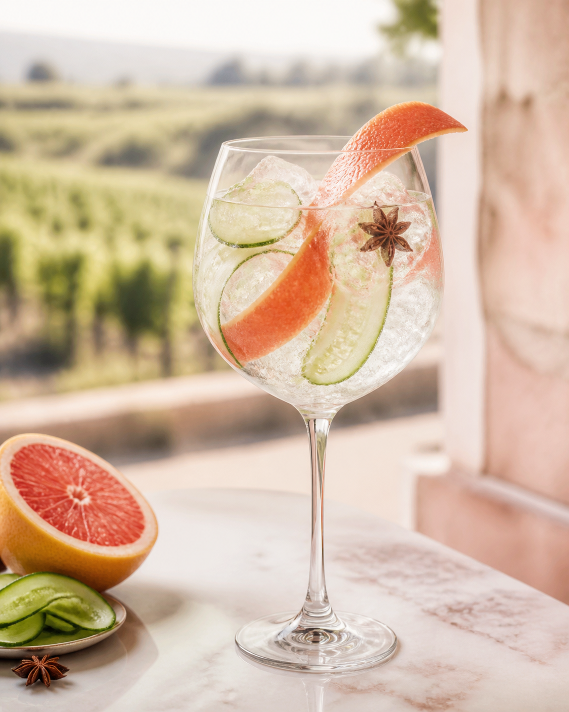 Osmoz Gin Citrus servi avec Fever-Tree Indian Tonic Water, agrémenté de Grapefruit peel et Cucumber ribbon