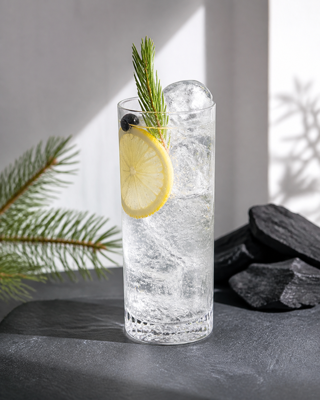 Tchin by Tcharbon served with Fever-Tree Indian Tonic Water, garnished with Lemon wheel and Scots pine tip