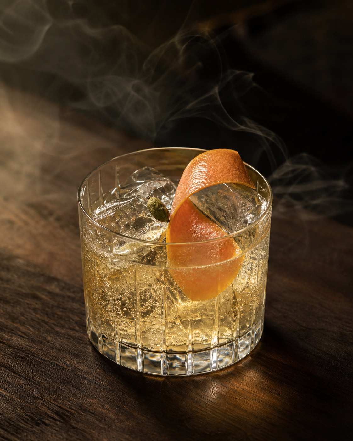 Ura Spirits Modjo Oloroso 2nd Fill Cask 14 Months servi avec Fever-Tree Indian Tonic Water, agrémenté de Grapefruit peel et Green cardamom pod
