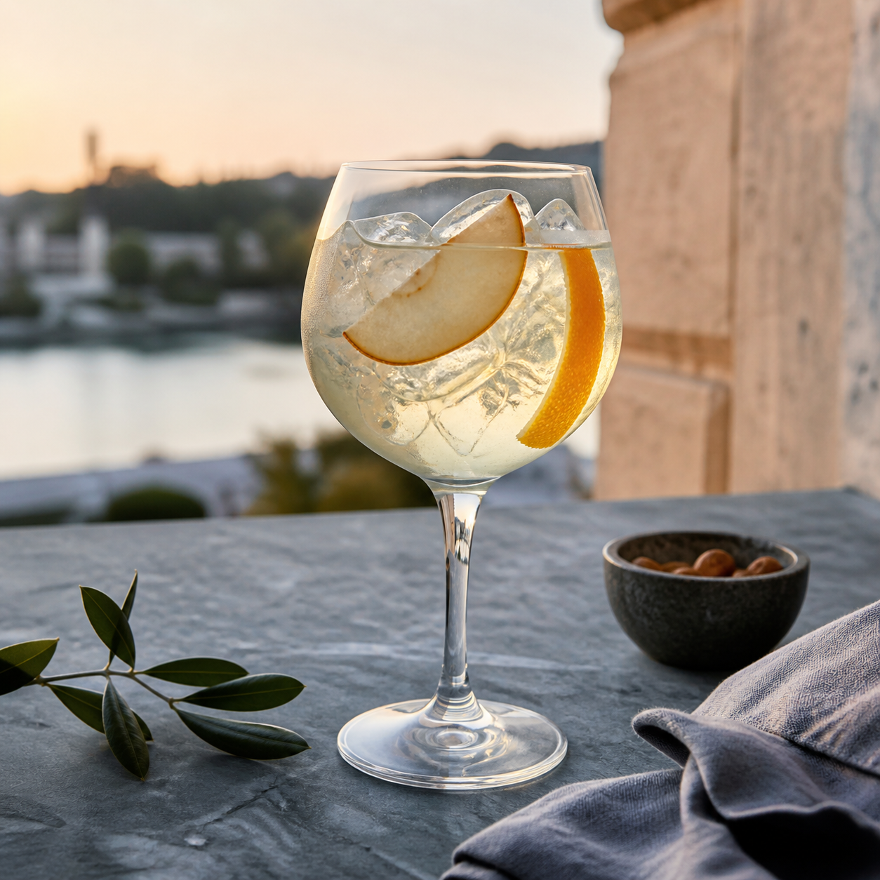 Baron D Gin de France served with Fever-Tree Indian Tonic Water, garnished with Lemon peel and Raspberries