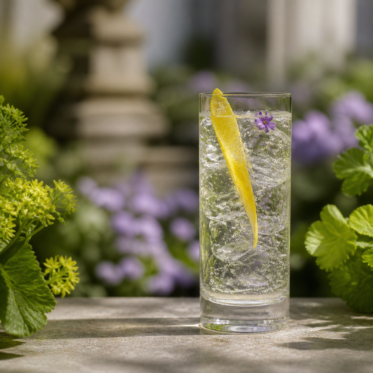 Ocus Organic Gin served with Fever-Tree Indian Tonic Water, garnished with Lemon peel and Edible flower