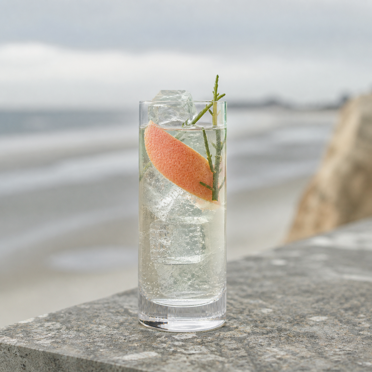 Sea Garden Gin served with Fever-Tree Indian Tonic Water, garnished with Grapefruit peel and Samphire