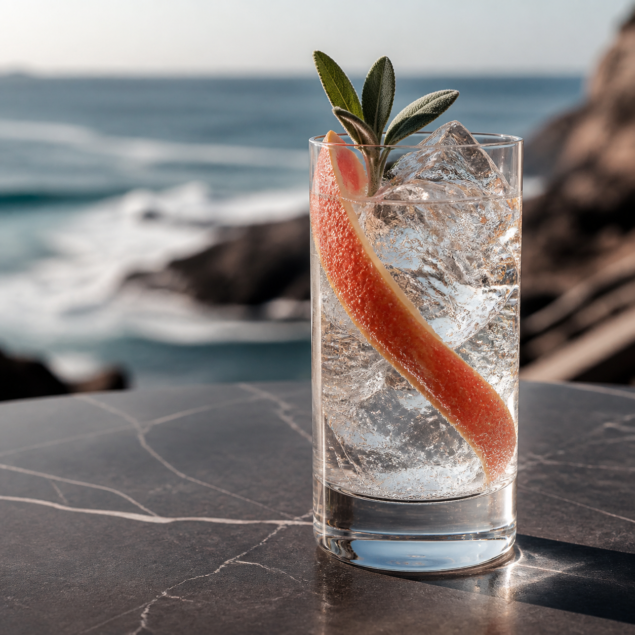 Haize Gin served with Fever-Tree Indian Tonic Water, garnished with Grapefruit peel and Fresh sage sprig