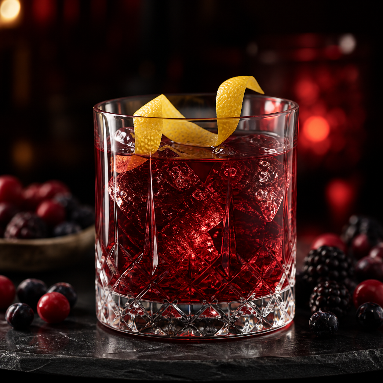 Monkey 47 Schwarzwald Sloe Gin served with Fever-Tree Lemon Tonic Water, garnished with lemon twist