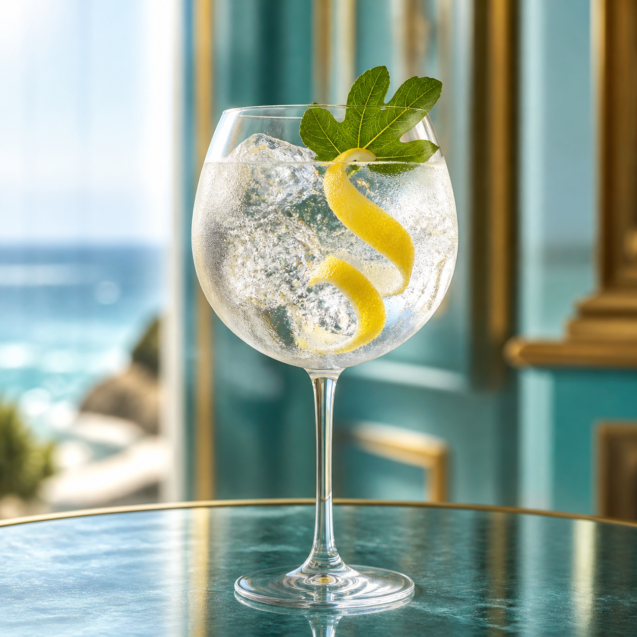 Mermaid 10th Anniversary Gin served with Fever-Tree Naturally Light Tonic Water, garnished with lemon twist and fig leaf